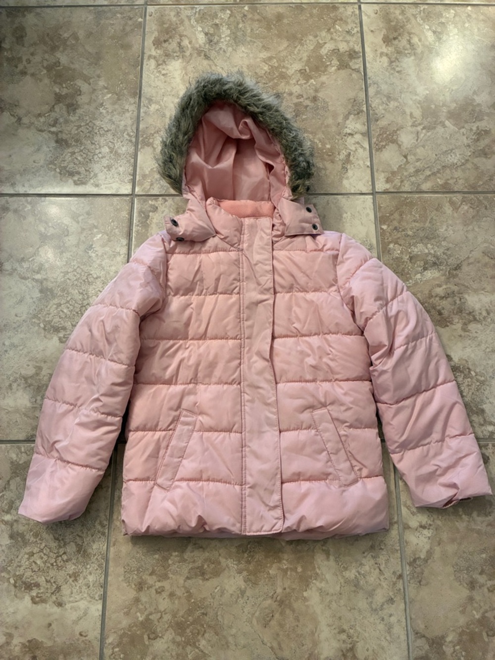 GAP Light Pink Hooded Puffer Coat with Faux Fur Trim jacket puffy